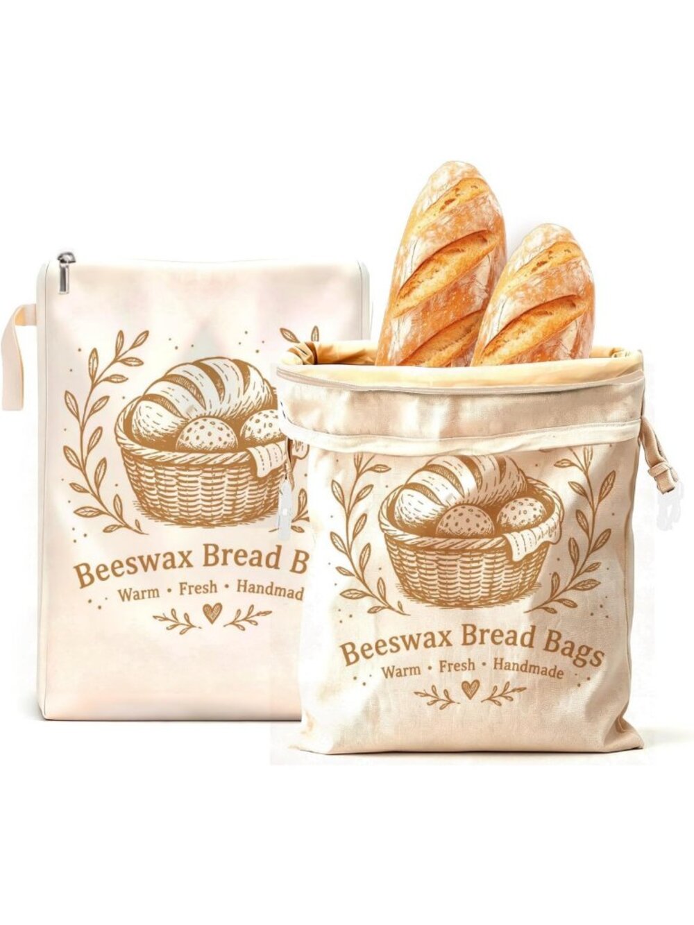 XL Reusable Beeswax Bread Bags - 2 Pack Cotton Storage for Sourdough & Baguettes